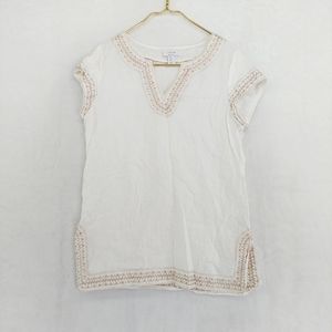 Kenar Linen White Embroidered Gold Trim Cap Sleeve V-Neck Top Tunic Blouse